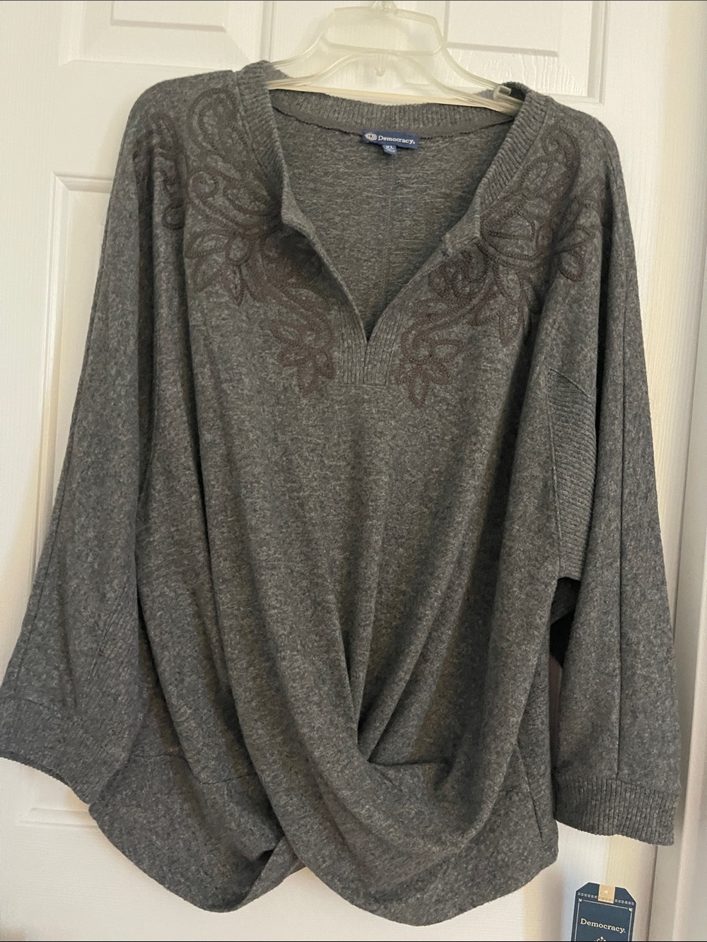 Democracy Gray V-Neck Sweater with Embroidered Yoke
